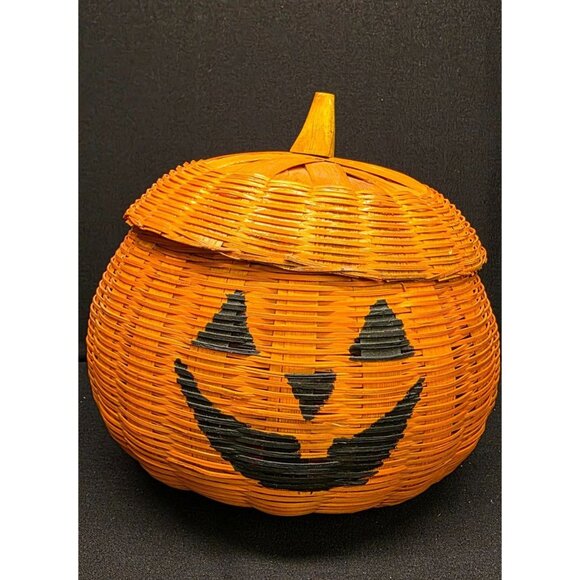 Vintage Primitive Orange Jack-O-Lantern Halloween Decorative Fall Basket w Lid - Picture 1 of 9